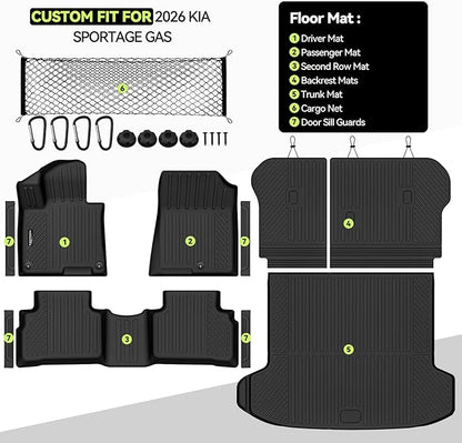 Tongama-Floor Mats for 2026 Kia Sportage Gas, All Weather TPE Trunk Mat and Backrest Mats Protector and Cargo Net and Door Sill Guards for Kia Sportage Floor Liner Accessories