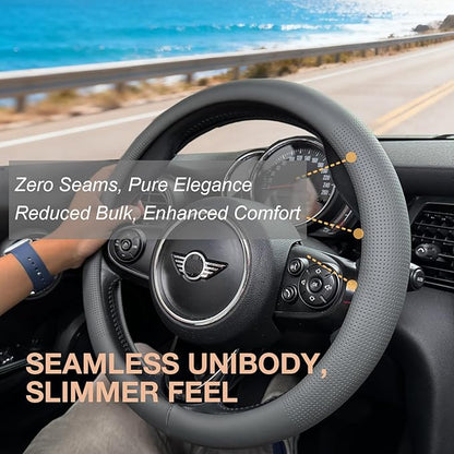 PINCTROT Nappa Leather Steering Wheel Cover, Slim Fit No Bulk Design, One Piece Leather with Breathable Perforation, Fit Like Gloves, Universal 14.5-15 Inch(Nappa Dark Gray)