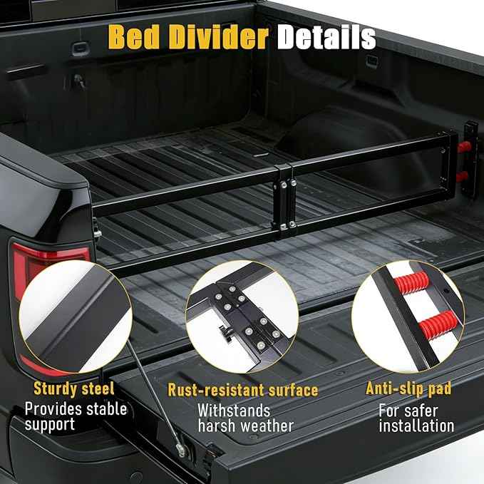 Universal Truck Bed Divider Compatible with Chevy Silverado GMC Sierra Ford Pickup Truck Beds Adjustable Foldable Cargo Organizer Manager No Drilling