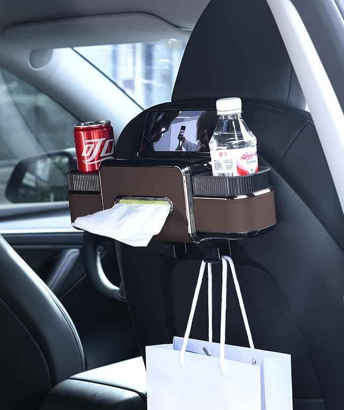 Multifunctional Car Headrest Backseat Organizer Box with Drink Cup Holder, Makeup Mirror, Tissue Box & Hooks for Car Seat Back, Upgrade Car Headrest Backseat Organizer Great for Kids and Travel(Brown)
