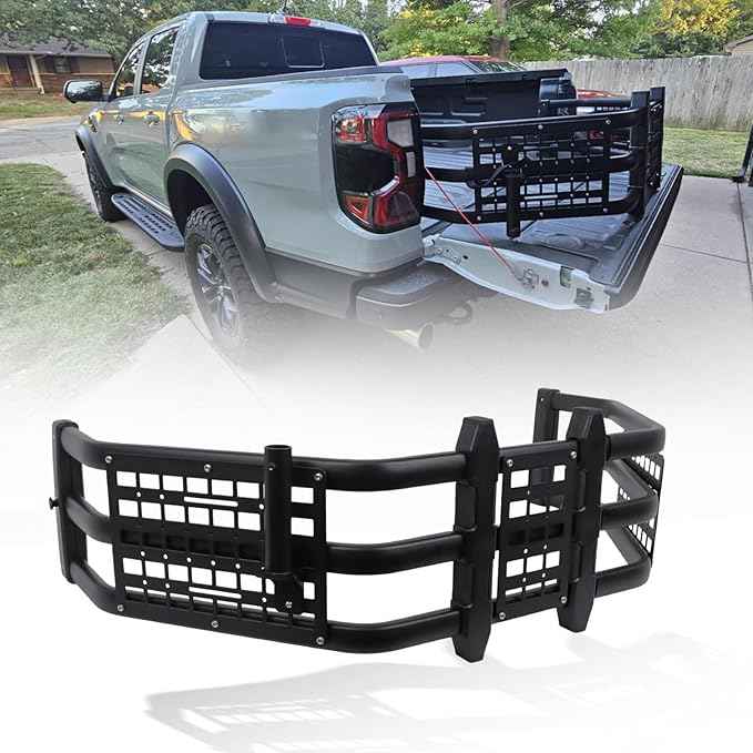 Truck Bed Extender for Ranger 2011-2025, Tailgate Mount Cargo Extension with MOLLE Panel and Flag Pole Mount, Fold-in/Fold-Out Pickup Storage