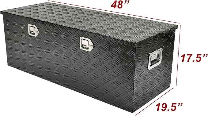48 Inch Black Aluminum Tool Box 5 Bar Tread Chest Box Flatbox for Truck Car Outdoor Trailer Pickup Underbody RV ATV Storage Bed ToolBox w/Lock and Keys, Side Handle (48"x19.5"x17.5")