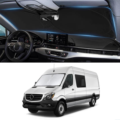 Custom Fit Benz Sprinter Windshield Sunshade for 2007-2025 2026 Mercedes Benz Sprinter Freightliner Cargo Crew Passenger Motorhome Accessories Window Shades Cover for Windshield Sun Visor Blocks UV