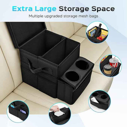 Foldable Bench Seat Center Console, Car Armrest Organizer Box with 2 Large Cup Holders & Massive Storage, Universal Portable Trunk Console Arm Rest for Car/Truck/Van/SUV Rear Organizers Back Seat