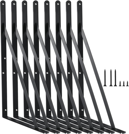 8 Pack L16 x H 10" Black Heavy Duty Shelf Brackets with Screws Metal Shelf Brackets Shelf Support Angle Brackets for Shelves L Brackets Heavy Duty Floating Shelf