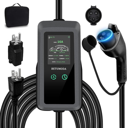 Portable Level 1&2 EV Charger, 16Amp Adjustable Current, Wallbox for Home/Travel, 110V/240V, NEMA 5-15&6-20 Plugs, 24.99FT Cable, Compatible with J1772 Electric Cars, Tesla Needs Adapter