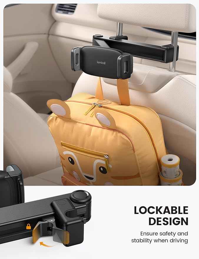 Lamicall Car Headrest Tablet Holder - [Lockable] [3 in 1 Extension Arm] Upgrade Tablet Mount for Car Backseat, Gifts Road Trip Essentials for Kids, for iPad Pro, Air, Mini, Fire HD, 4.7-13" Tablets