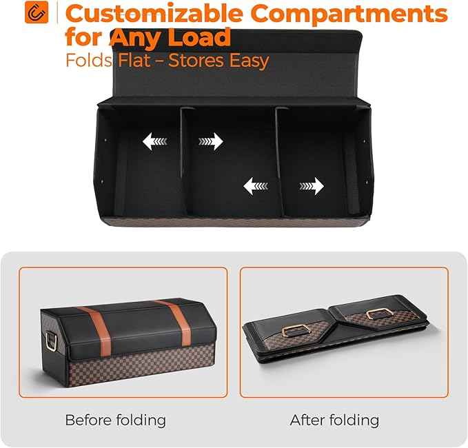 Car Organizers and Storage - Trunk Organizer for Suv Car,Car Trunk Leather Storage Box,Extra Large,Magnetic Lid,Collapsible and Adjustable