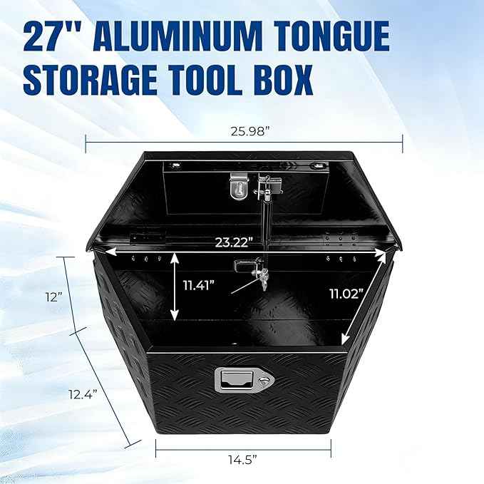 YESHMA 27" x 13" x 13" Trailer Tongue Tool Box Heavy Duty Aluminum with Latch and Keys Trailer Toolbox Organizer Truck Underbody Box Compatible with Pick Up Truck Bed RV Trailer ATV Black