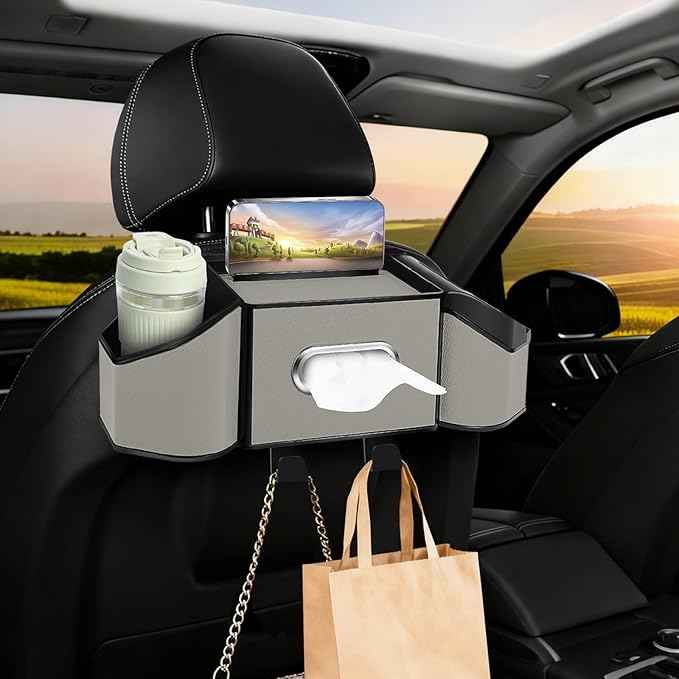 7-In-1 Car Seat Back Organizer with Cup Holders, Tissue Box, Garbage Can&Hooks, Multifunctional Headrest Storage Organizer, Headrest Cup Holder for Backseat, Car Accessories for Trips, Travels(Gray)