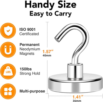 MIKEDE Magnetic Hooks Heavy Duty, 150LB+ Strong Neodymium Magnets for Refrigerator, Large Magnetic Hooks for Hanging, Magnets with Hooks Cruise Ship Essentials for Kitchen, Workplace - 8 Pack
