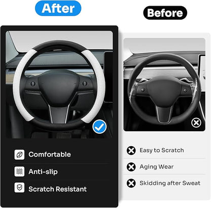 Steering Wheel Cover for 2016-2026 Telsa Model 3/Model Y Accessories (Fit New Model Y Juniper/Model 3 Highland), Leather Steering Wheel Cover Protector Anti-Slip, Comfortable Grip, Breathable