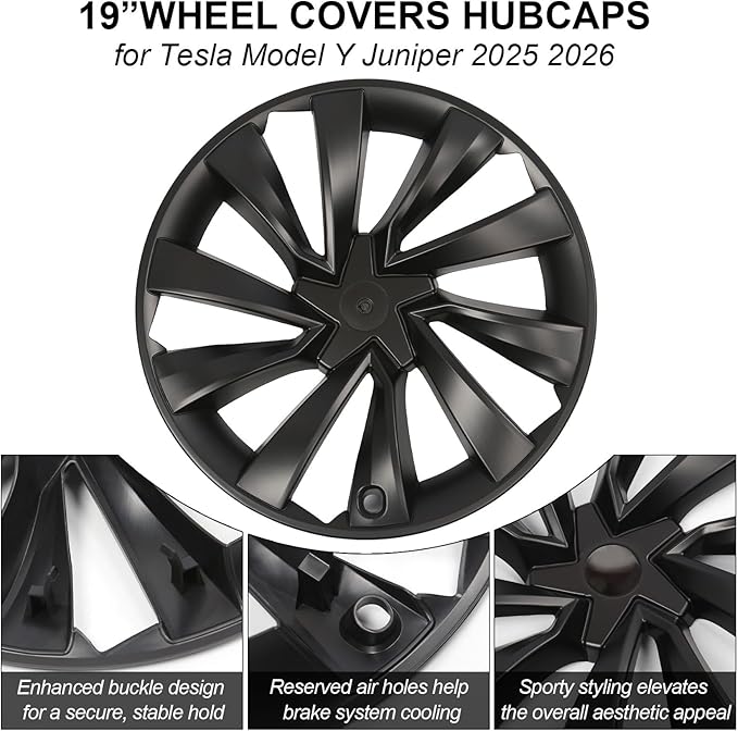 19 Inch Wheel Covers for Tesla Model Y Juniper 2025 2026, Matte Black Spiral Hubcaps Wheel Rim Protectors with Center Caps for Model Y Juniper Accessories, Seamless Fit, Sporty Style