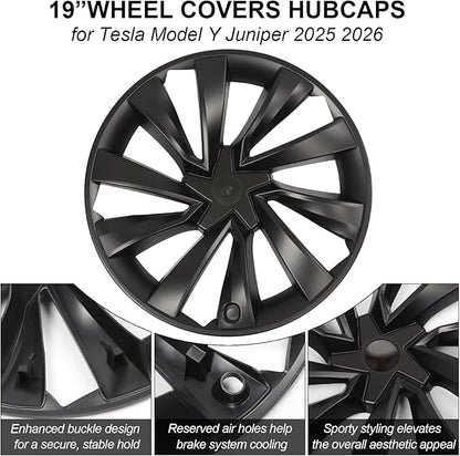 19 Inch Wheel Covers for Tesla Model Y Juniper 2025 2026, Matte Black Spiral Hubcaps Wheel Rim Protectors with Center Caps for Model Y Juniper Accessories, Seamless Fit, Sporty Style