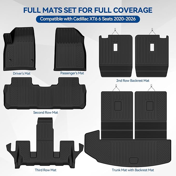 Custom Fit Floor Mats for Cadillac XT6 6 Seats/Captain Seat 2020-2026, All Weather TPE Floor Liners with Trunk Mat & Backrest Protectors, Odorless Full Set Interior Accessories