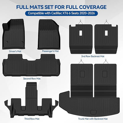 Custom Fit Floor Mats for Cadillac XT6 6 Seats/Captain Seat 2020-2026, All Weather TPE Floor Liners with Trunk Mat & Backrest Protectors, Odorless Full Set Interior Accessories