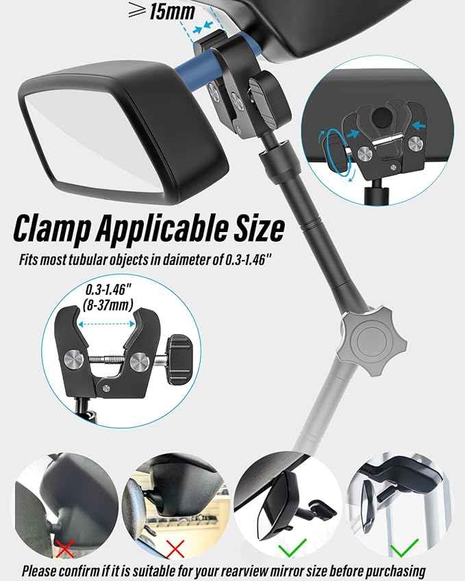 woleyi Car Rearview Mirror Tablet Holder Clip - [Metal Arm] Rear View Mirror Tablet Mount for Car Accessories with 360 Rotatable and Retractable for iPad Pro 13 Air Mini, Galaxy, Fire, 6-15.6" Devices