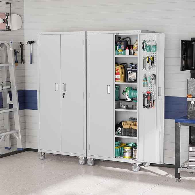 VINGLI 72'' Tall Garage Storage Cabinet, Metal Storage Cabinet with Pegboards, Wheels, Locking Doors and Adjustable Shelves (Gray, 32''W x 16''D x 72''H)
