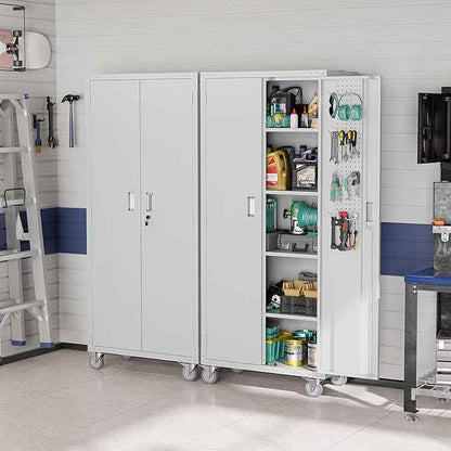 VINGLI 72'' Tall Garage Storage Cabinet, Metal Storage Cabinet with Pegboards, Wheels, Locking Doors and Adjustable Shelves (Gray, 32''W x 16''D x 72''H)