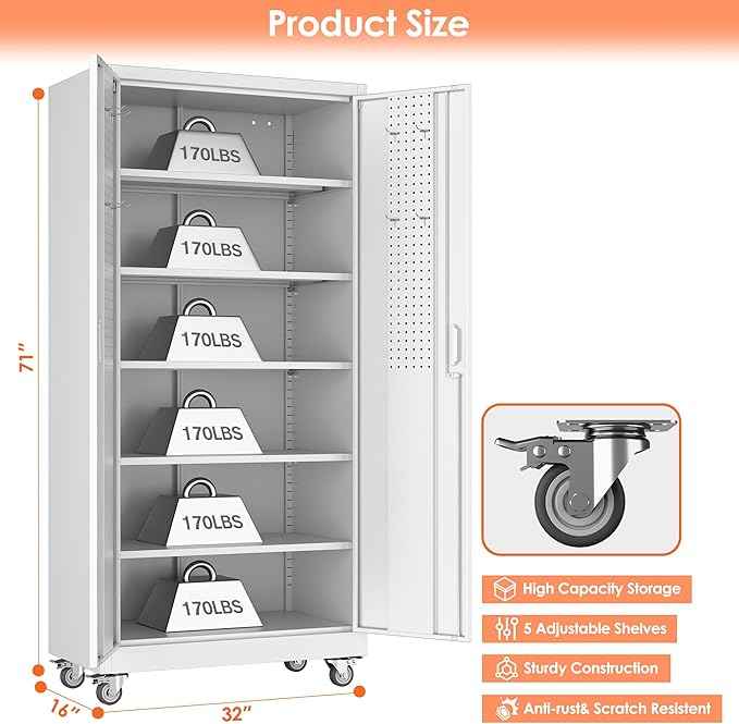 Aobabo Metal Storage Cabinet with Wheels,Heavy Duty Office Storage Cabinet with Lock,Steel Cabinet with 2 Doors and 5 Adjustable Shelves for Office Home School Storage,Required-Assembly White