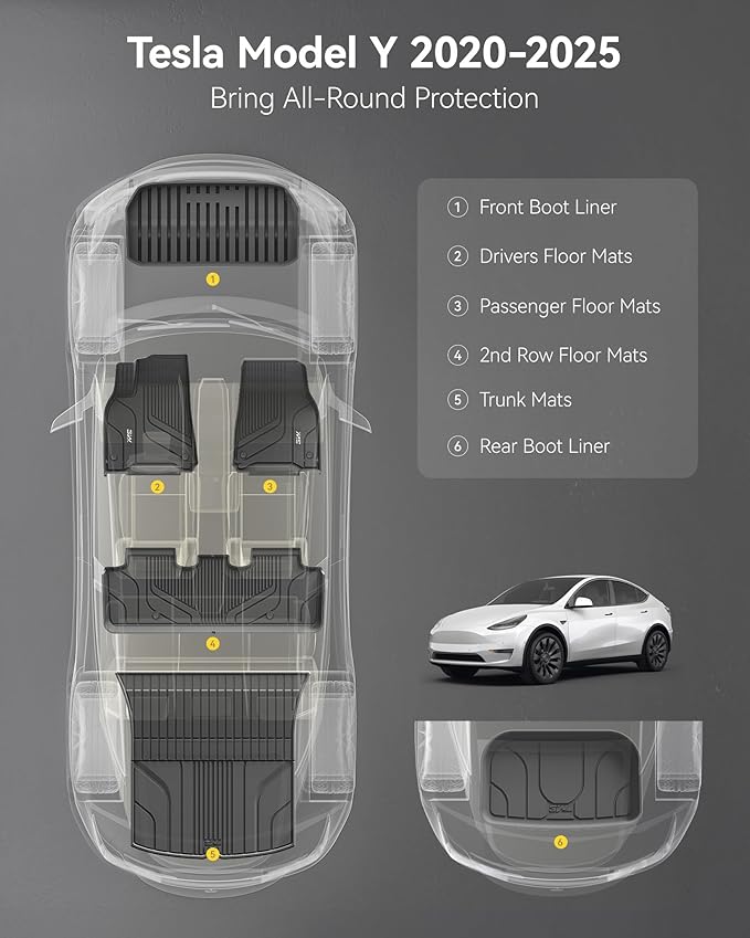 3W Tesla Model Y Floor Mats 2020-2024 2025(Not for Juniper), TPE Floor Liner, Cargo Liner Custom Fit Model Y Accessories All Weather Black, 5-Seater