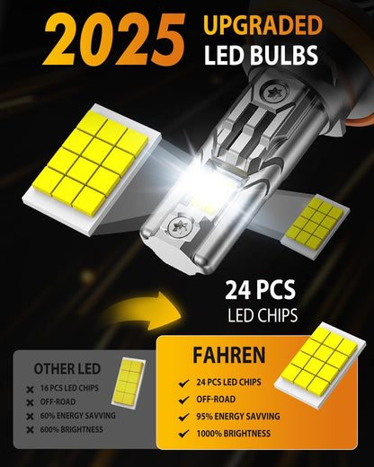 FAHREN H11/H9/H8 9005/HB3 LED Bulbs Combo, 130000LM 1000% Ultra-Bright, Real 1:1 Mini Size, 1:1 Mini Size Halogen Replacement, 6500K Cool White, Non-Polarity Plug and Play, Pack of 4