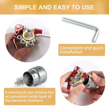 SINGARO Car Battery Terminal Connector, 4 Way Positive and Negative Pole Quick Release Terminal Clip, Applicable to SAE/JIS A Type Terminal Post, Compatible with Cars, Trucks and More（Gold-B）