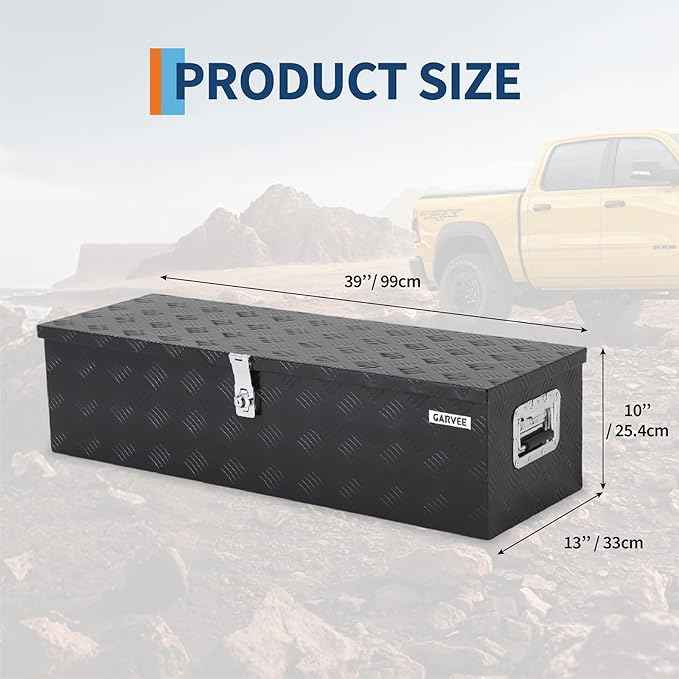 Garvee 39 Inch Aluminum Truck Bed Tool Box - Heavy Duty Diamond Plate Tool Chest with Lock and Keys | Storage Organizer for Pickup Trucks, RV, Trailers | Side Handles, 39 x 13 x 10 Inches, Black