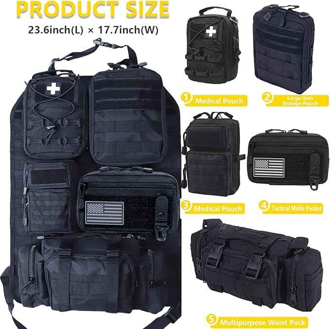 Universal Tactical Car Seat Back Organizer Bag Tactical Molle Vehicle Organizers Panel Vehicle Protector Organizers with 5 Detachable Pouches for Car (Upgraded B black)