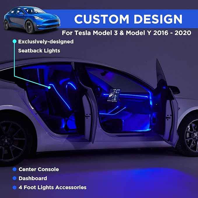 Nestour Interior Car Neon Lights Fit for Tesla Model 3 Y 2016-2020 (Center Console+Dashboard+Seat Back+4 Foot Lights) with Armrest Organizer, Tesla Ambient Lighting, APP-Controlled LED Strip Lights