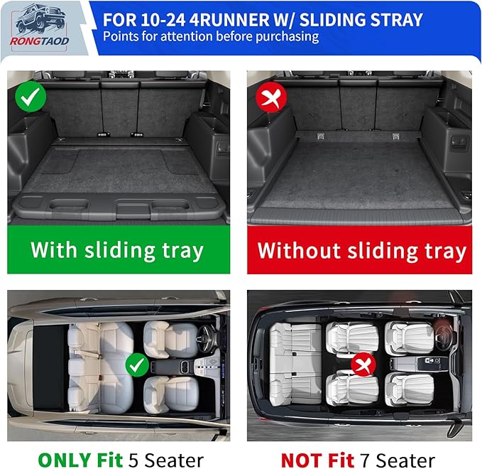 Rongtaod Cargo Mat Compatible with 2010-2024 Toyota 4Runner 5 Seats Trunk Mat Cargo Liner Back Seat Cover Protector 2023 4 Runner Accessories (Trunk Mats + Backrest Mats,Fit with Sliding Tray)