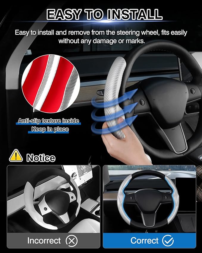 Steering Wheel Cover for Telsa Model 3/Model Y Accessories Carbon Fiber Steering Wheel Cover Protector Anti-Slip, Comfortable Grip, Breathable, Model 3/Y Accessories, Silver