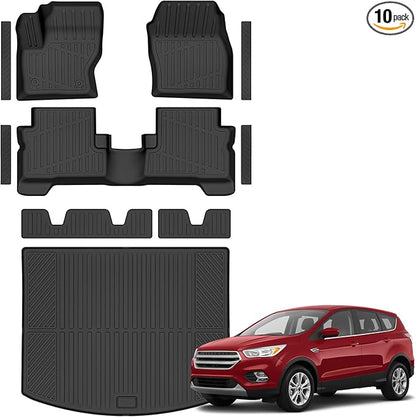 Floor Mats & Cargo Liner Custom Fit for Ford Escape & C-max 2013-2019, Door Sill Guards, All Weather TPE Rubber Anti-Slip 1st & 2nd Row & Trunk Mat Floor Liners for Escape 2019 Accessories