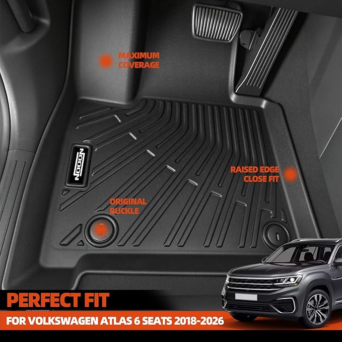 Custom Fit Floor Mats for Volkswagen Atlas 6 Seats/Captain Seat 2018-2026, All Weather TPE Floor Liners with Trunk Mat & Backrest Protectors, Odorless Full Set Interior Accessories