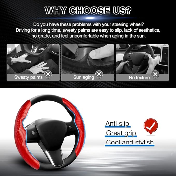 Steering Wheel Cover for Telsa Model 3/Model Y Accessories Carbon Fiber Steering Wheel Cover Protector Anti-Slip, Comfortable Grip, Breathable, Model 3/Y Accessories, Red