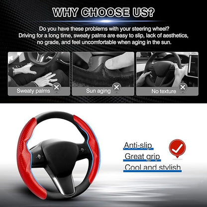 Steering Wheel Cover for Telsa Model 3/Model Y Accessories Carbon Fiber Steering Wheel Cover Protector Anti-Slip, Comfortable Grip, Breathable, Model 3/Y Accessories, Red