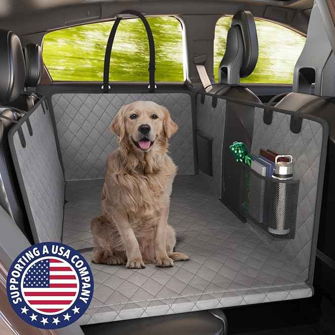 Katziela Large Seat Guard Waterproof Back Seat Extended Cover with Mesh Window Storage Pockets Double Layer Foam Mattress Dog Comfort Hammock Style Scratch Proof Nonslip Fits Car Trucks SUVs (Gray)