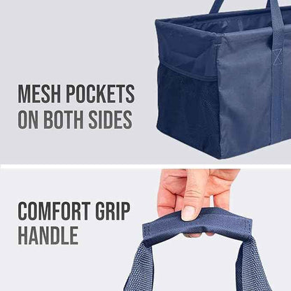 Extra Large Utility Tote Bag - Oversized Collapsible Reusable Wire Frame Rectangular Canvas Basket With Two Exterior Pockets For Beach, Pool, Laundry, Car Trunk, Storage - Navy Blue