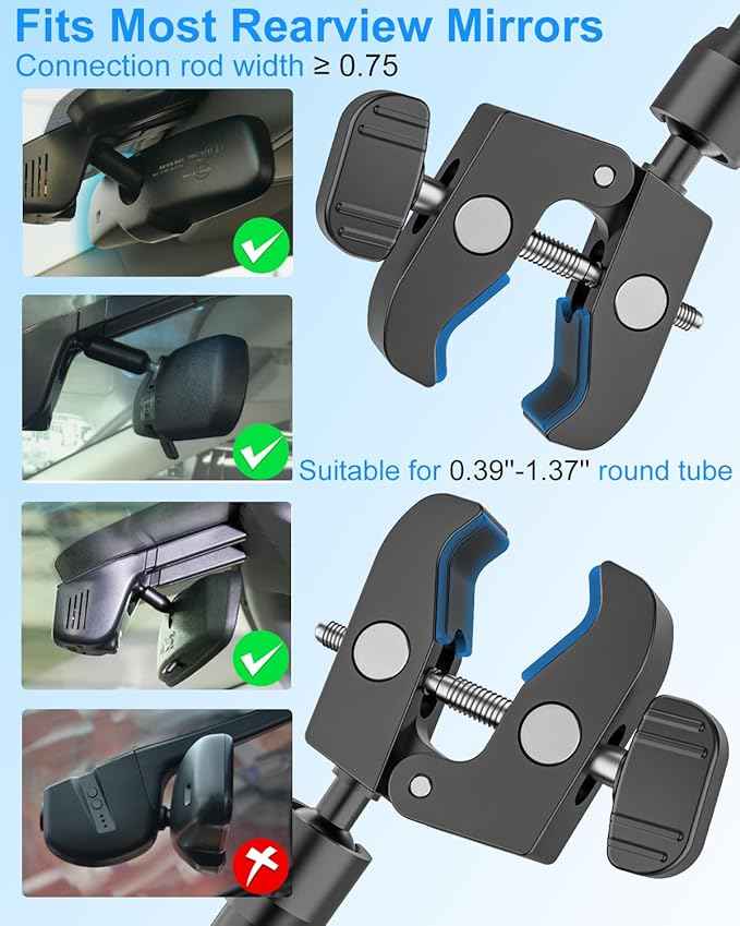 Tablet Mount for Car, Car Rear View Mirror Tablet Phone Holder, [Metal Adjustable Arm] Truck Rearview Mirror Clip for iPad Pro Air Mini, Galaxy Tab, iPhone 16 and 4.7-12.9" Devices