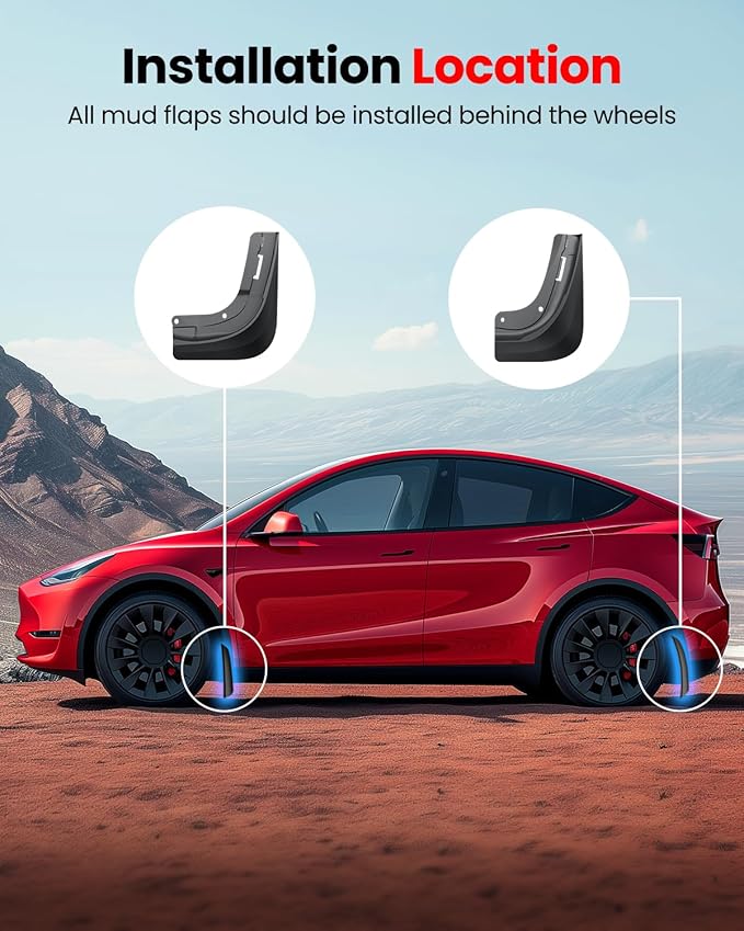 REEVAA Tesla Model Y Accessories - Mud Flaps [Protect Paint, No Drilling Required] All-Weather Splash Guard Body Kits for Model Y 2019-2024, Black (Set of 4)