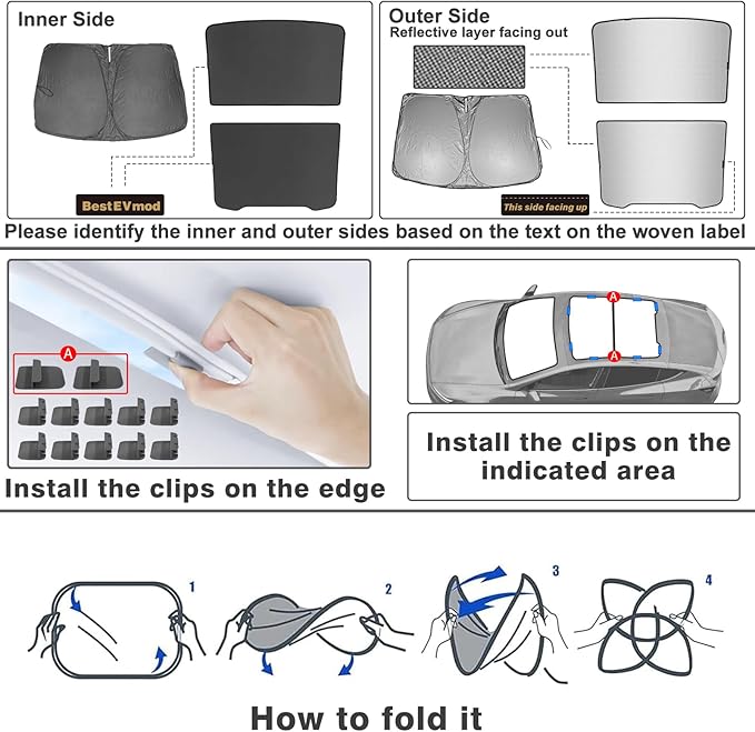 BestEvMod 3PCS Windshield&Roof Sunshade Compatible with 2026 2025 Tesla New Model Y Juniper Foldable Sun Shade Accessory Heat UV Protection Visor Accessories with Storage Bag (Roof+Windshield, Gray)