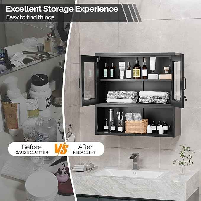 VINGLI Metal Wall Cabinet with Locking Glass Doors & Magnetic LED Sensor Light, Adjustable Shelf, Wall Mounted Storage Display Cabinets for Garage, Kitchen, Home Office, Warehouse, Living Room, Black