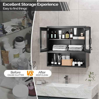 VINGLI Metal Wall Cabinet with Locking Glass Doors & Magnetic LED Sensor Light, Adjustable Shelf, Wall Mounted Storage Display Cabinets for Garage, Kitchen, Home Office, Warehouse, Living Room, Black