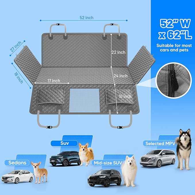 Dog Car Seat Cover for Back Seat with Hard Bottom,Waterproof Back Seat Extender for Dogs,Dog Hammock Dogs Bed for Cars, SUVs,Pet Seat Cover for Back Seat Holds 400lbs with Mesh Window & Pocket-Grey