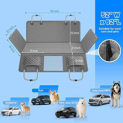 Dog Car Seat Cover for Back Seat with Hard Bottom,Waterproof Back Seat Extender for Dogs,Dog Hammock Dogs Bed for Cars, SUVs,Pet Seat Cover for Back Seat Holds 400lbs with Mesh Window & Pocket-Grey