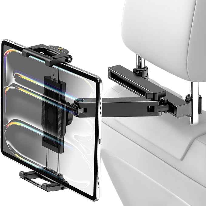 Car Back Seat Tablet Holder, [Thick Case Friendly] Car Headrest Tablet Mount Stand with Extension Arm, Road Trip Essentials for Kid, Fits iPad Pro 12.9 Air Mini, Tab, iPhone, 6.1-13" Device
