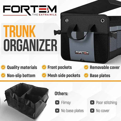 FORTEM Trunk Organizer For SUV Car Organizer and Storage, Multi-Compartment Storage Bag Car Accessories for Women Men, Perfect Christmas Gifts, 1680D Oxford, Non Slip Bottom, Straps, Soft Cover (50L)