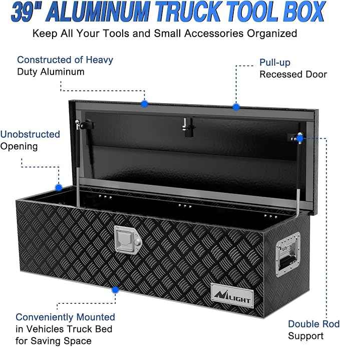 Nilight 39 Inch Truck Tool Box Heavy Duty Aluminum Stripes Plated Pick Up Truck Bed Toolboxes 39"x13"x10" Waterproof Storage Organizer for Bed of Truck RV Trailer with Side Handle Lock Keys, Black