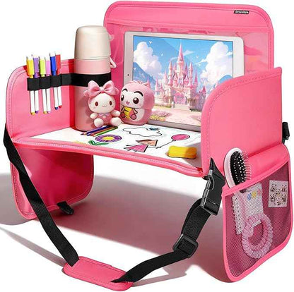 Leather Kids Travel Tray for Car - Car Seat Tray for Kids Travel, Road Trip Essentials, Carseat Table for Roadtrip Activities - Must Have Toddler Lap Desk Organizer for Airplane (Pink)