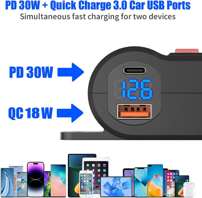 2-in-1 Surface Mount 12V USB Outlet Cigarette Lighter Socket, PD 30W and QC18W Car USB Port Car Charger with Button Switch LED Voltmeter and 120W Socket, Suitable for Cars, Boats, RVs and ATVs
